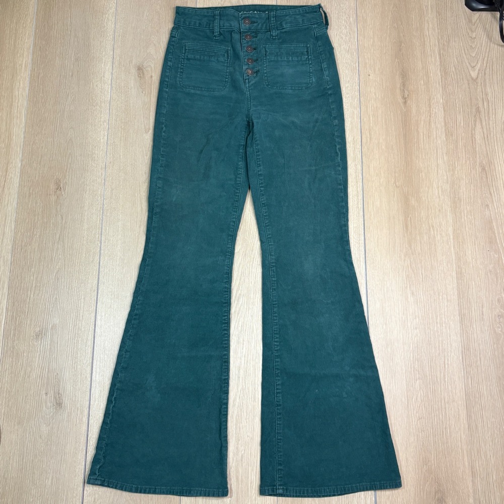 American Eagle Super Hi-Rise Flare Corduroy Pants Teal Green Button Fly Size 2